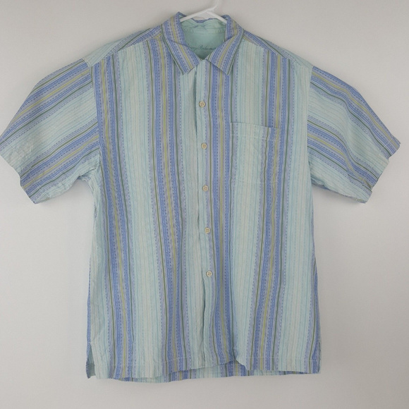 MENS SMALL TOMMY BAHAMA BLUE//AQUA SS COTTON BUTTON UP SHIRT NWT